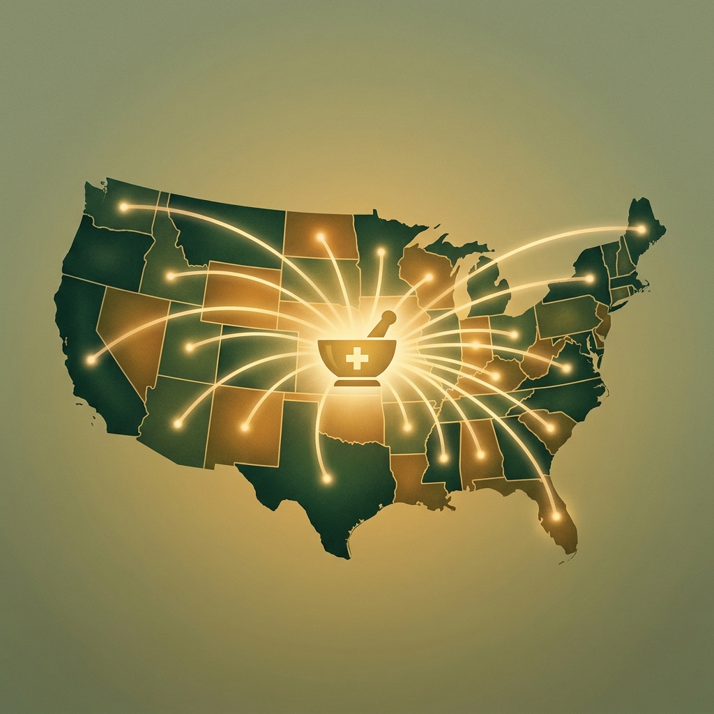 Illustrated US map with glowing connections representing legal shipping of compounded medications across state lines