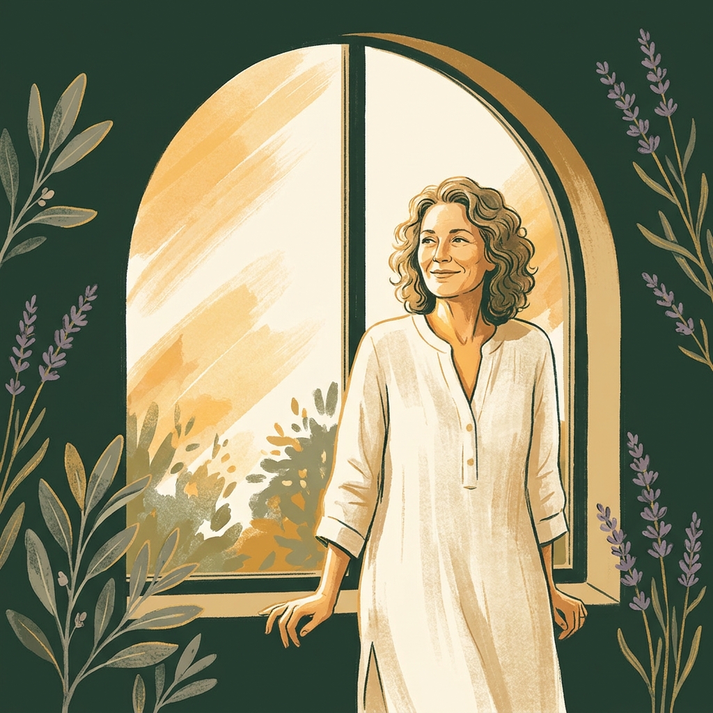 Confident woman in midlife bathed in warm light, representing empowerment through compounded hormone therapy for menopause symptoms.