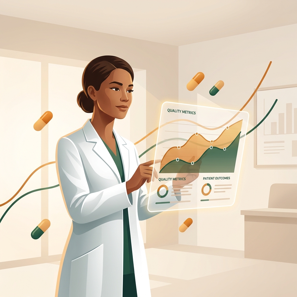 Healthcare provider reviewing patient outcome dashboards representing medication adherence solutions compounding strategies in value-based care.