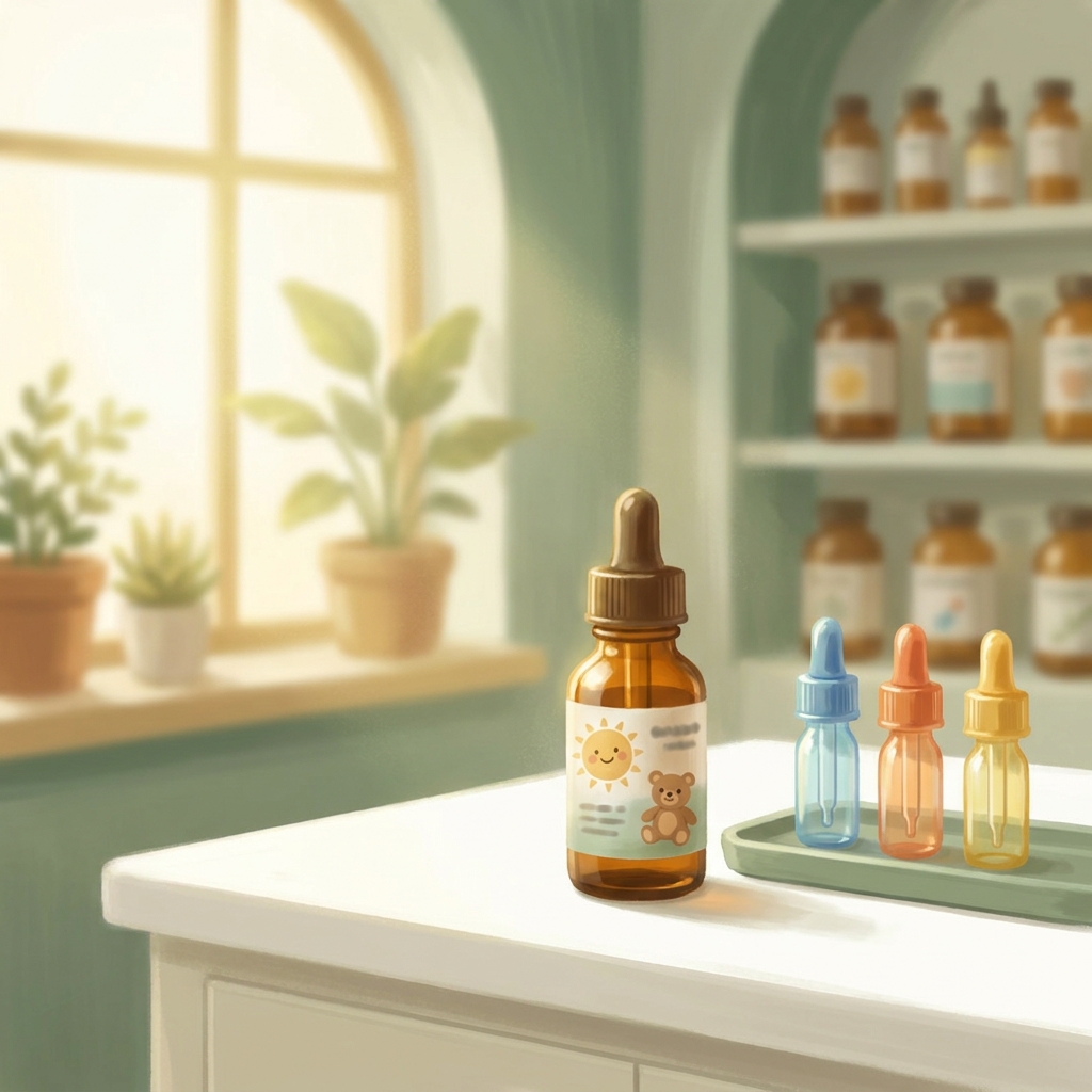 Custom children's liquid medication bottles representing ADHD medication compounding for children in a warm pharmacy setting.