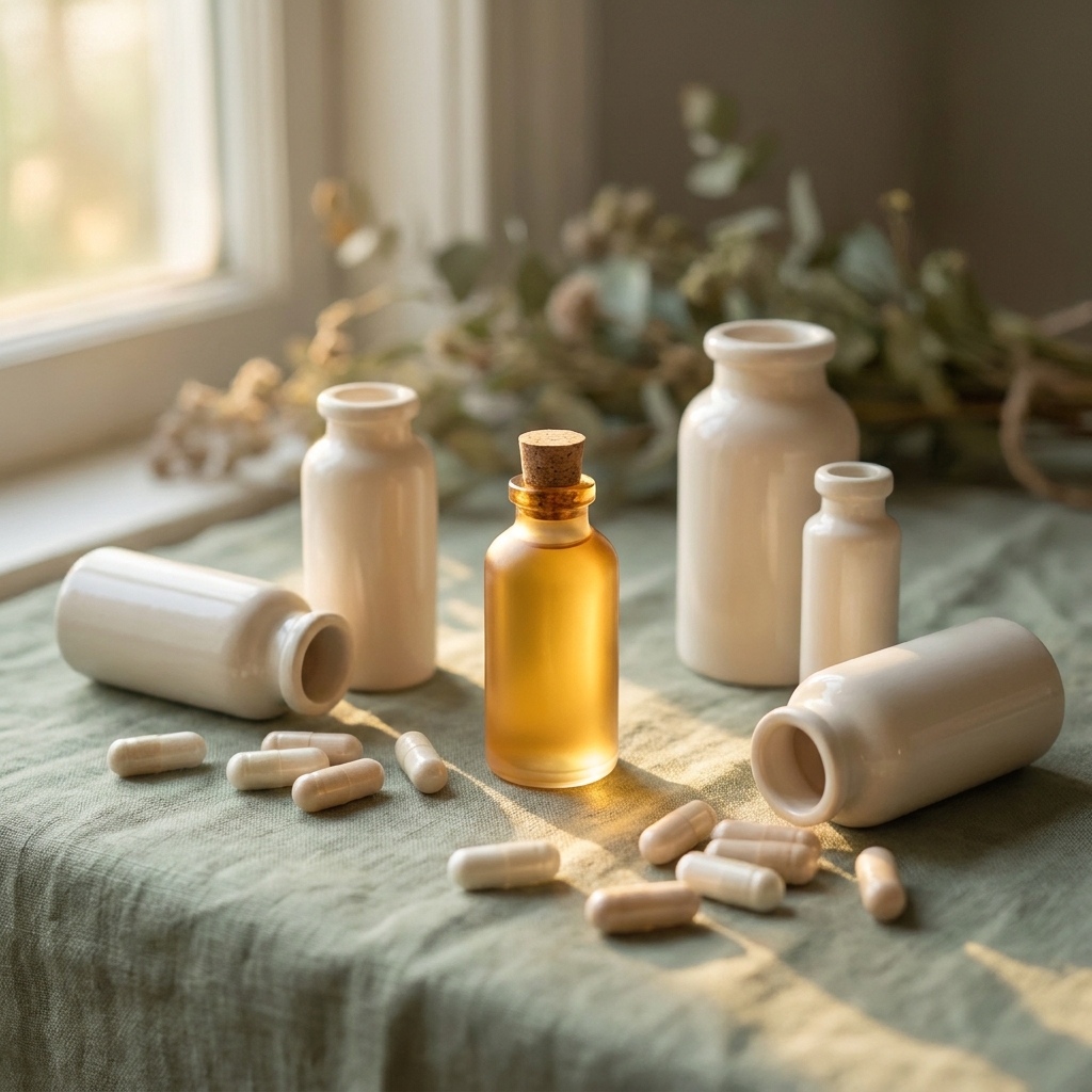 Clean white capsules and vials representing dye-free compounded medication on a sage green surface