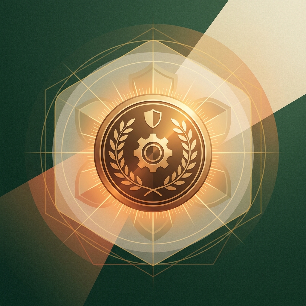 Golden accreditation seal glowing on deep green background, representing what PCAB accreditation means for compounding pharmacy