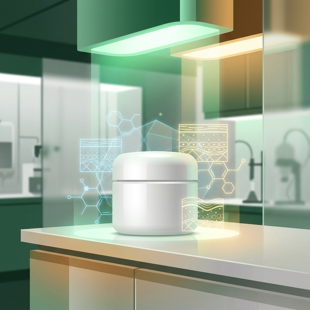 Stylized illustration of a compounding pharmacy cream jar with molecular overlays representing transdermal drug delivery science.