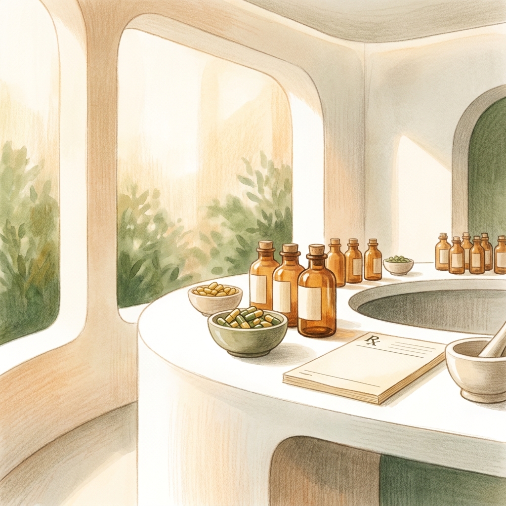 Elegant compounding pharmacy counter with glass bottles and capsules representing low dose naltrexone compounding pharmacy access.