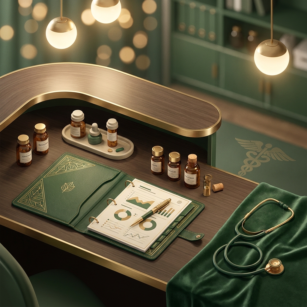 Strategic playbook and custom compounding pharmacy vials representing partner selection for pain management practices
