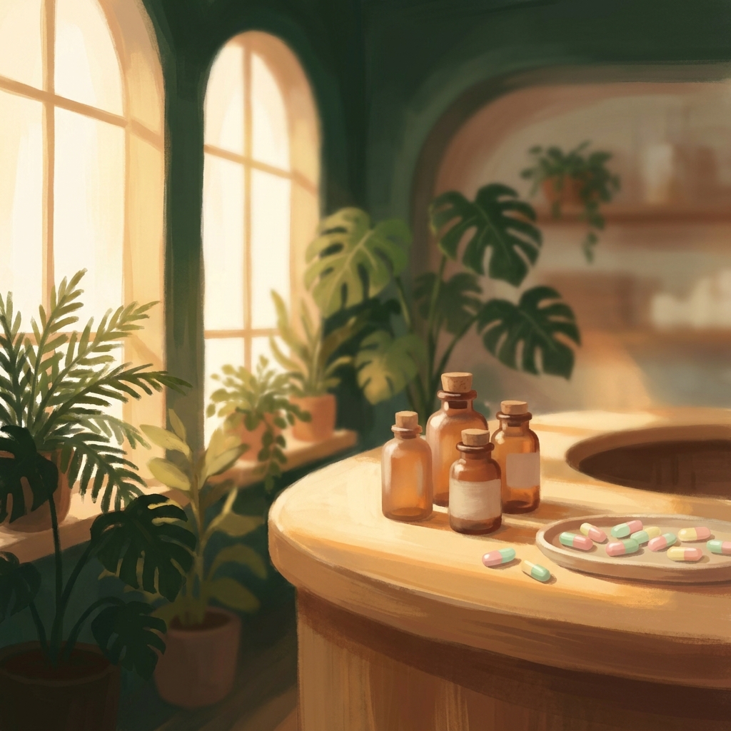 Warm pharmacy consultation space illustrating the personalized benefits of compounding pharmacy for patients