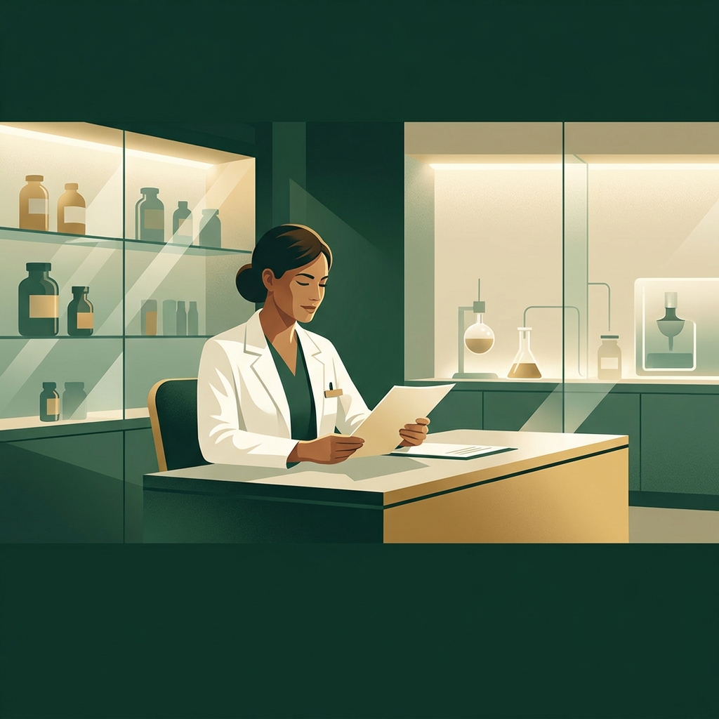 Healthcare prescriber reviewing a compounding pharmacy evaluation checklist in a modern clinical setting