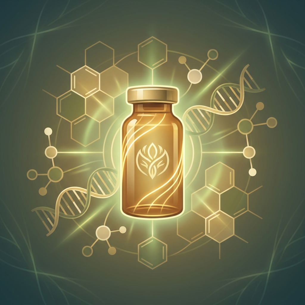 Stylized illustration representing individualized medication compounding with a glowing custom prescription vial and molecular patterns