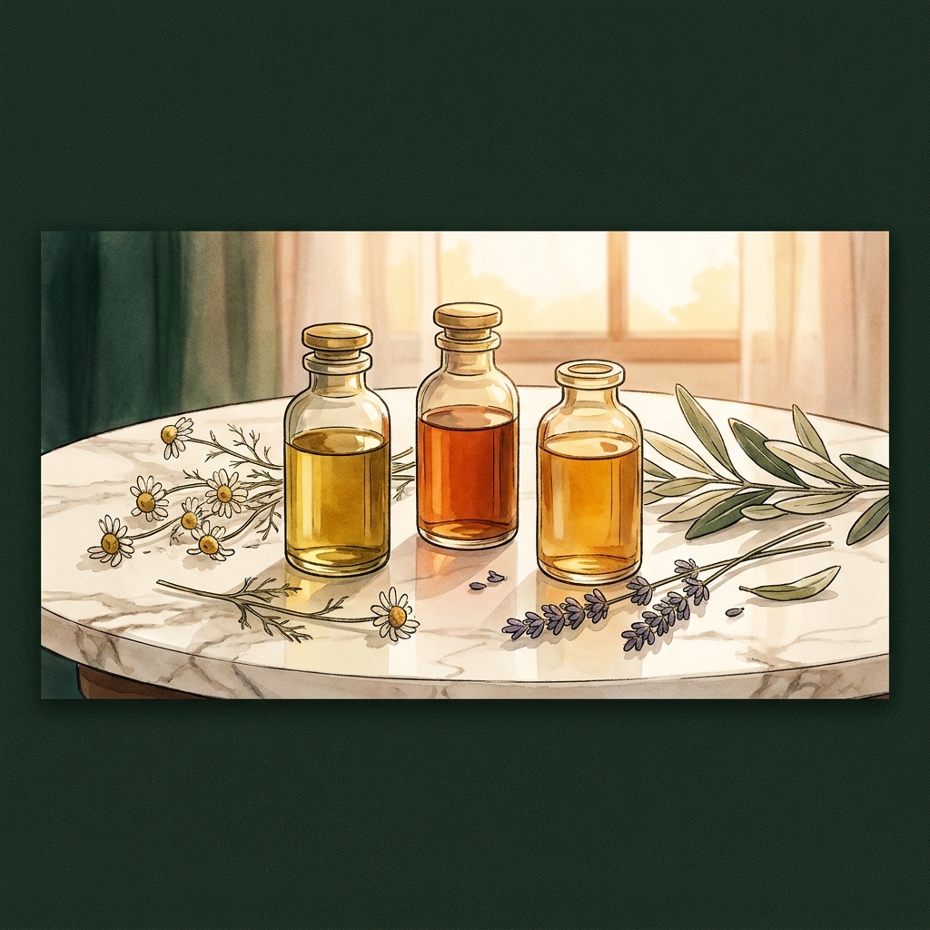 Three elegant glass vials representing bio-identical hormones vs synthetic hormones options on a marble surface with botanicals