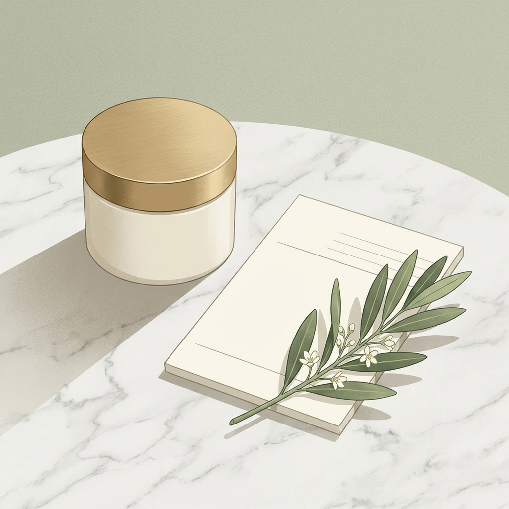 Elegant jar of custom tretinoin cream compounding on marble surface with botanical accents and prescription notepad