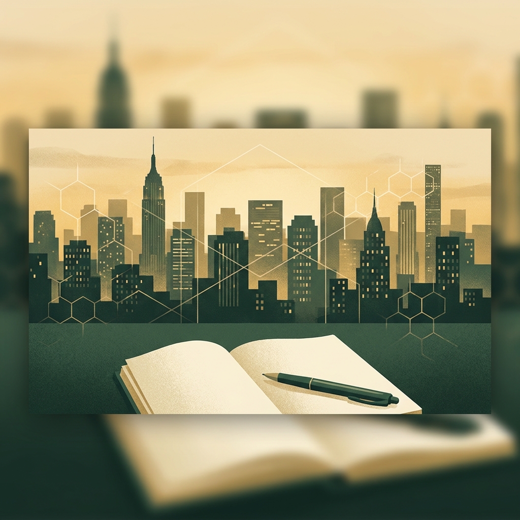 Stylized New York City skyline with regulatory document imagery representing compounding pharmacy New York guidelines for 2026.