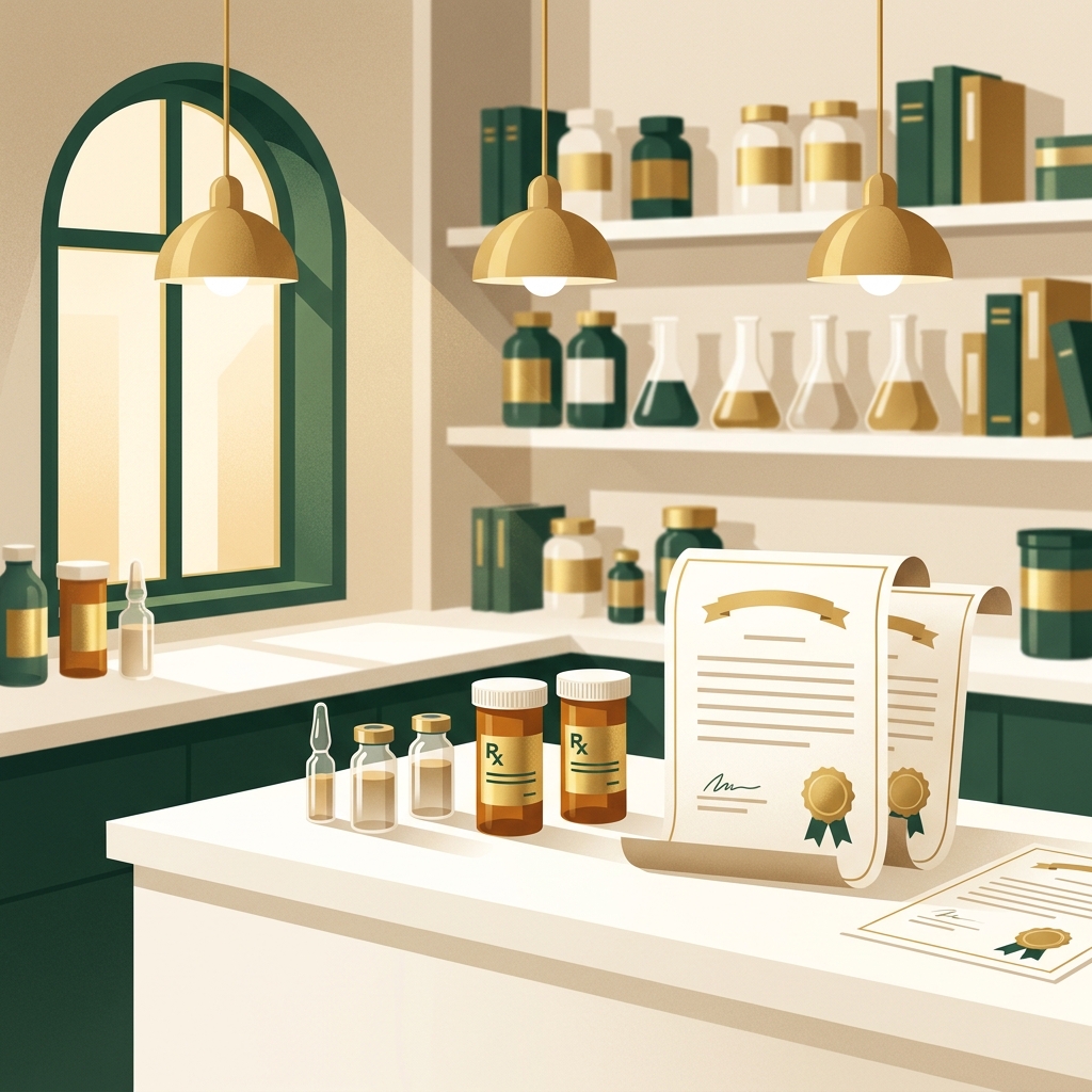 Compounded medications displayed in a professional pharmacy setting, representing FDA regulatory standards and quality assurance.