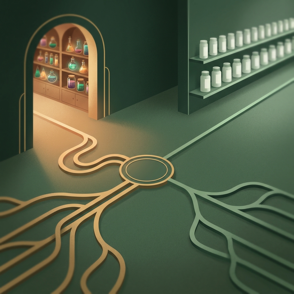 Conceptual illustration representing the decision of why choose compounding pharmacy over commercial pharmacy