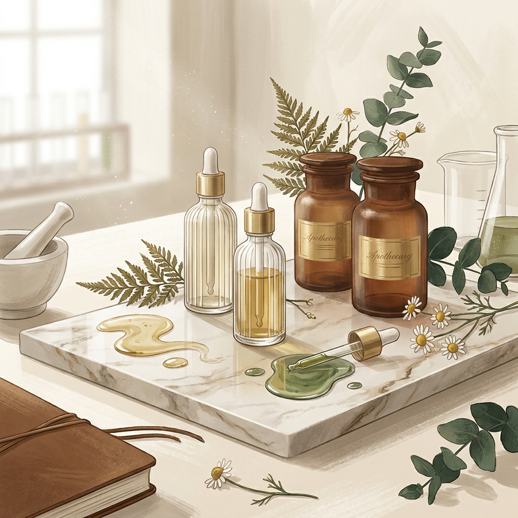 Elegant compounded stretch mark treatment serums and custom pharmacy bottles arranged on marble with botanical accents