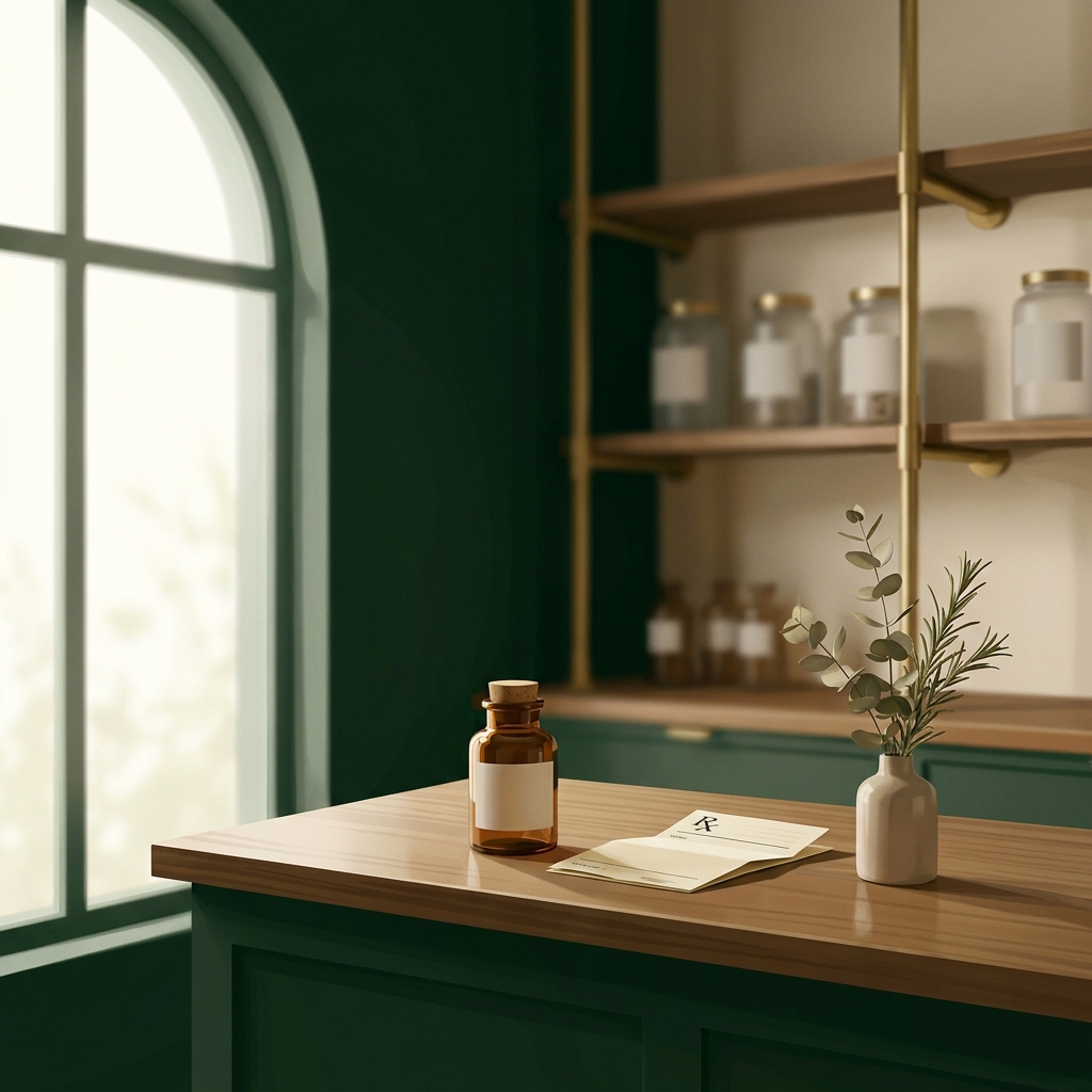 Elegant compounding pharmacy consultation setting representing hydroquinone compounding pharmacy prescription access
