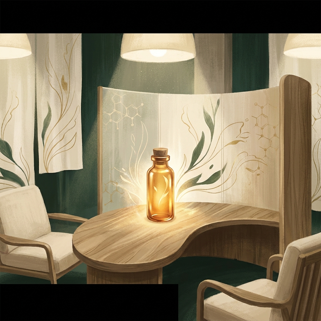 Glowing custom medication vial in a warm modern pharmacy setting, representing compounded pain medication for cancer treatment.