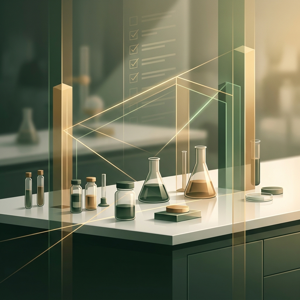 Elegant compounding pharmacy vetting framework concept for hormone therapy practices, featuring premium lab setting in green and gold tones.