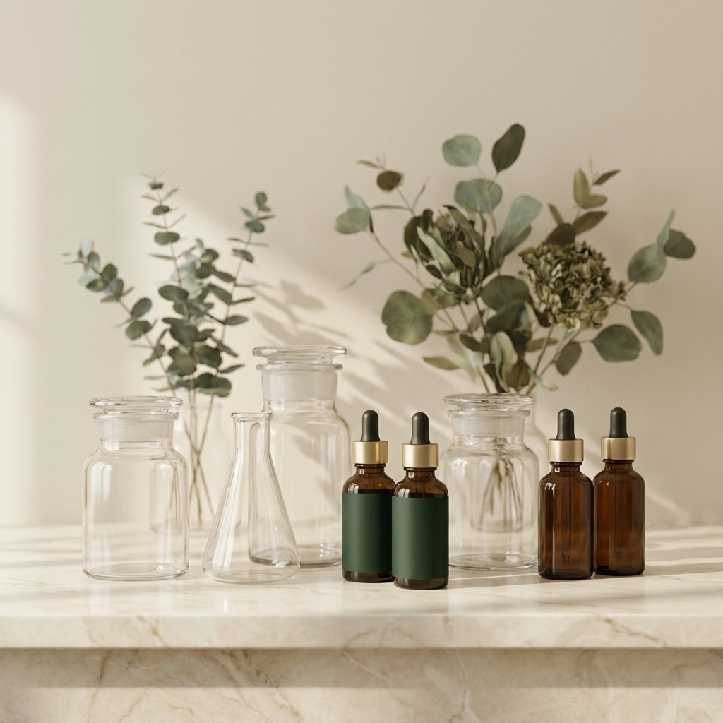 Elegant compounding pharmacy bottles and botanical elements representing custom dermatology compounding pharmacy formulations