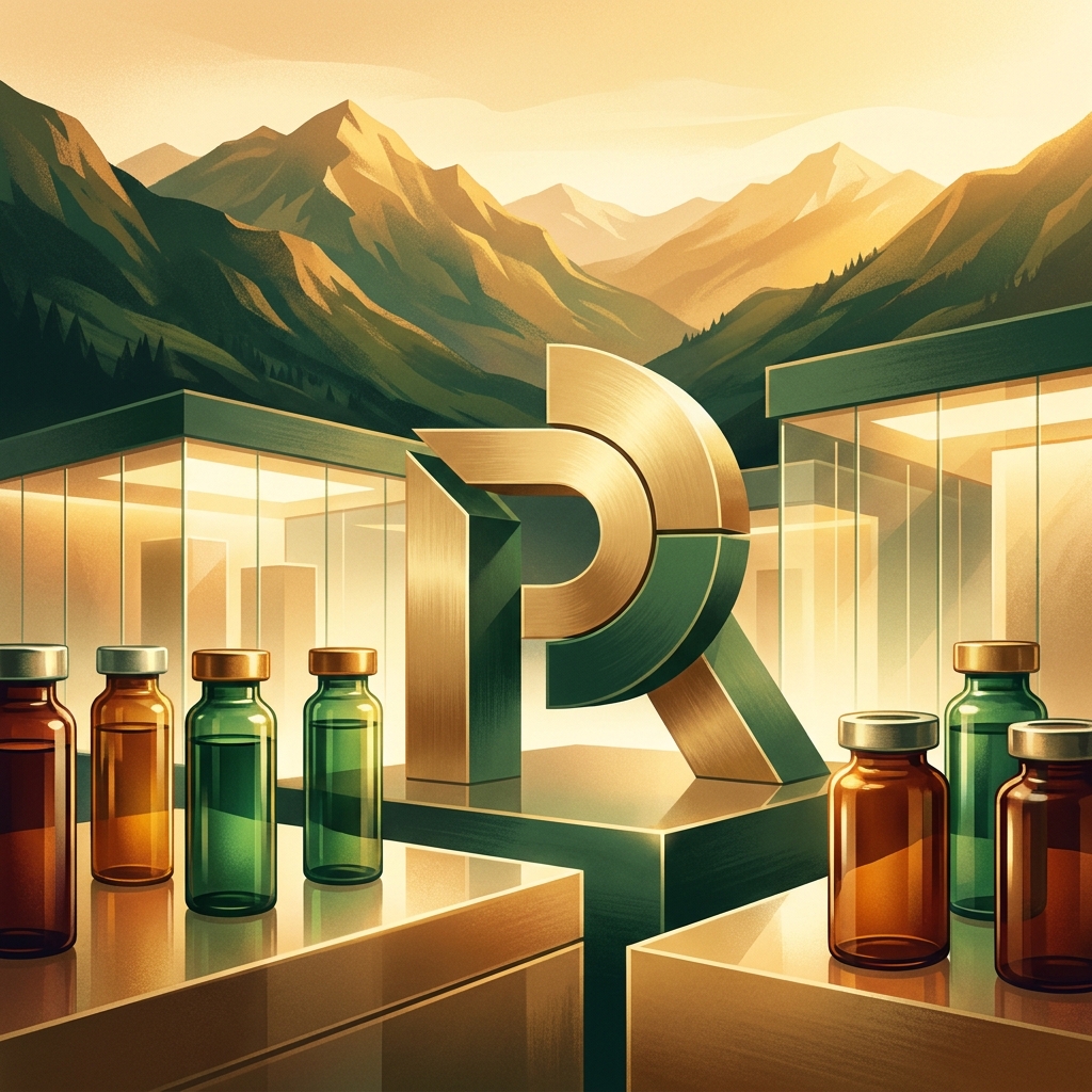 Stylized illustration of Colorado mountains with modern compounding pharmacy aesthetic in green and gold tones