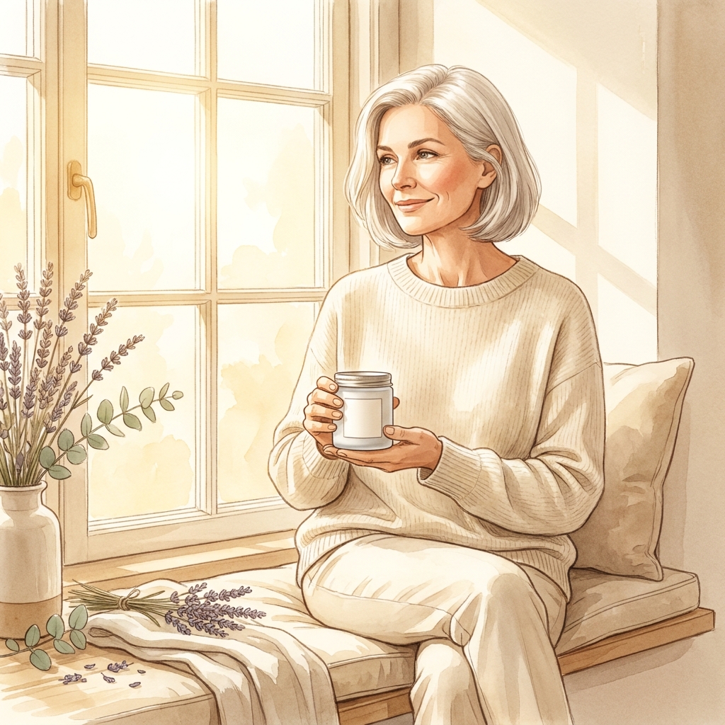 Woman confidently holding compounded estrogen cream for vaginal dryness relief in a warm, serene setting