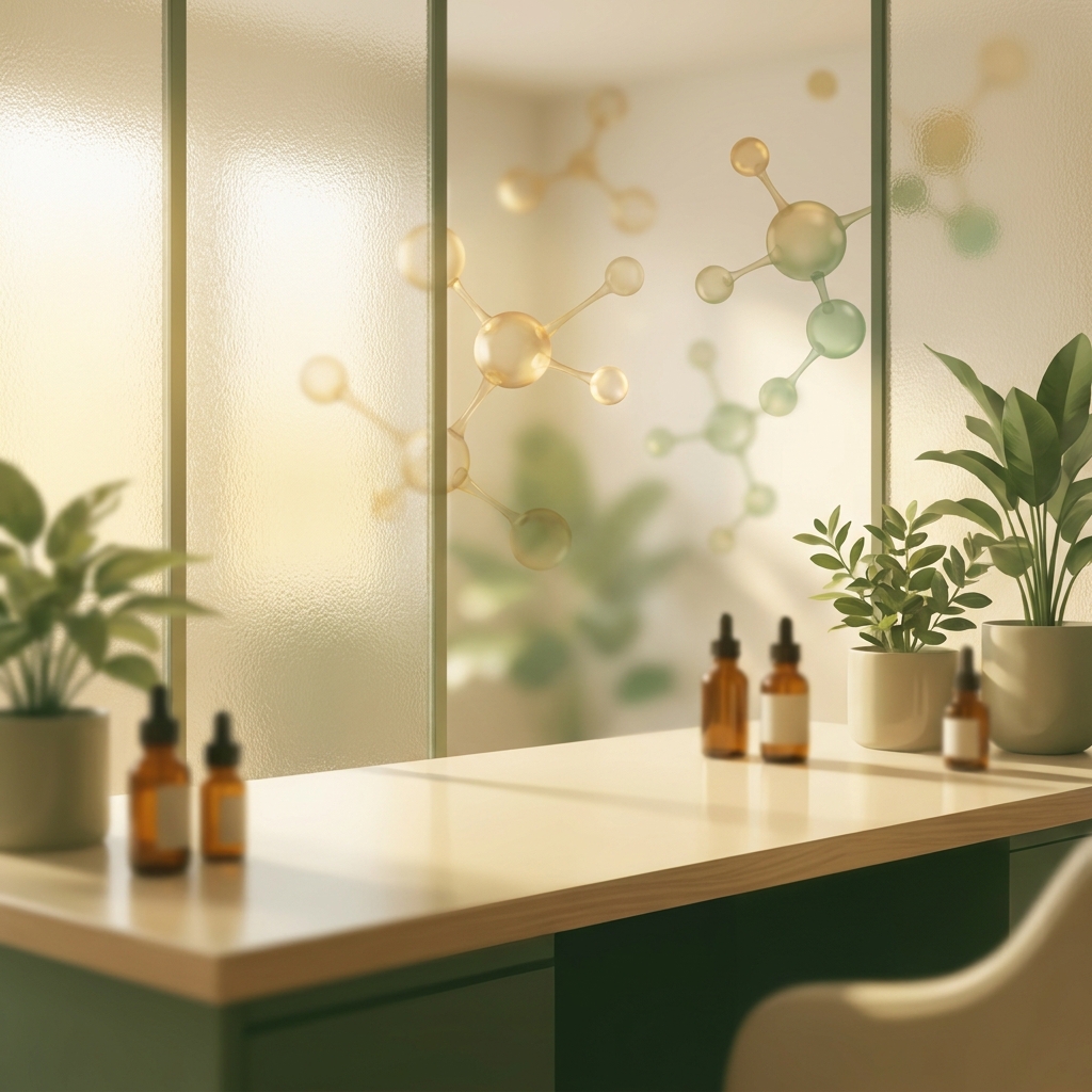 Serene wellness setting with botanical elements and amber vials representing sexual dysfunction hormone compounding therapy