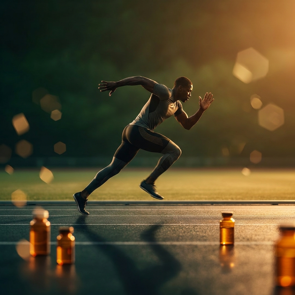 Athlete in peak performance stride representing compounding pharmacy sports injury recovery solutions