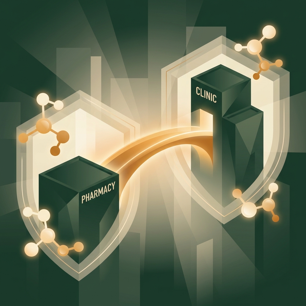 Illustrated exclusive pharmacy partnership for weight loss clinics shown as two connected professional structures with a golden bridge