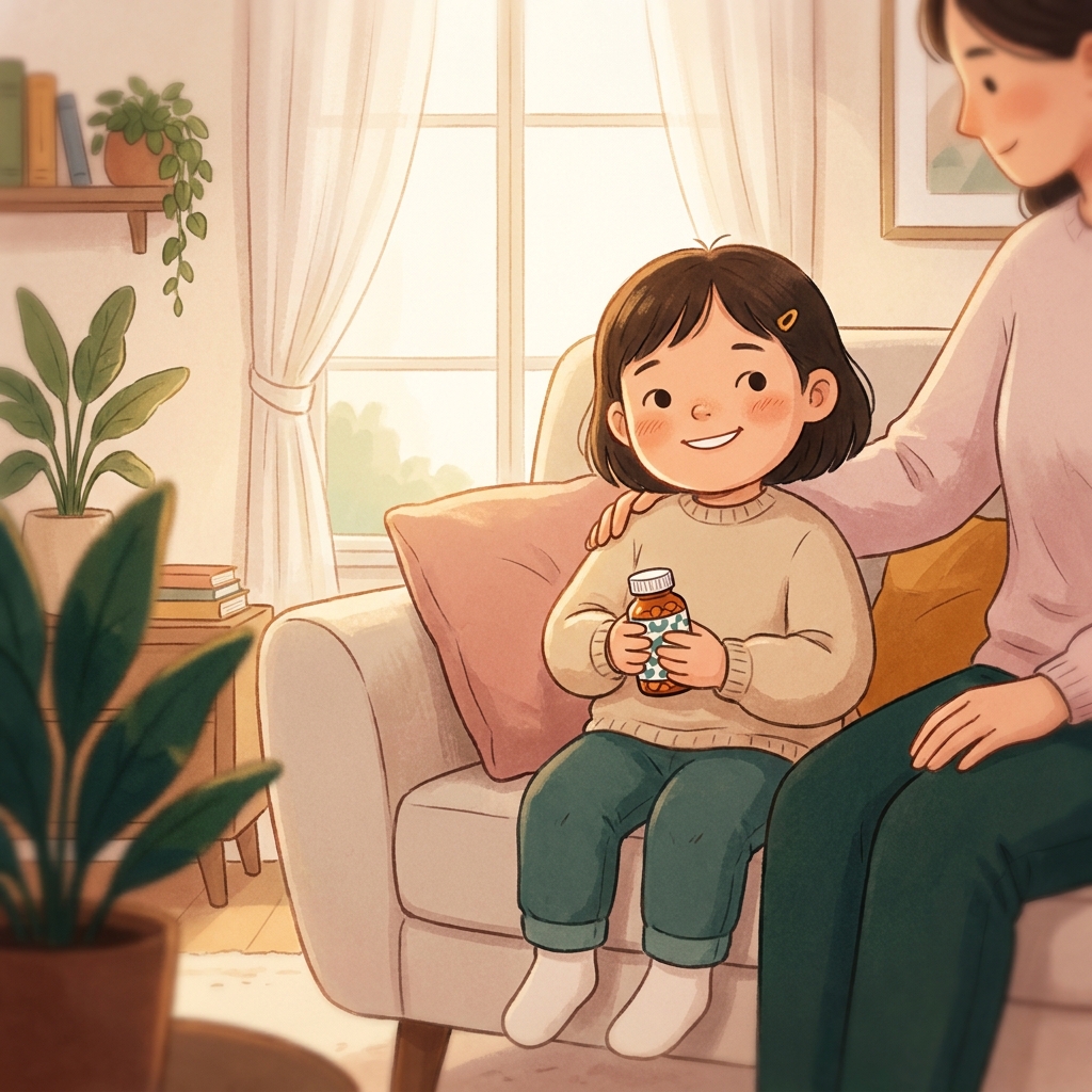 Happy child holding custom medication beside a caring parent, representing compounding pharmacy for special needs children.