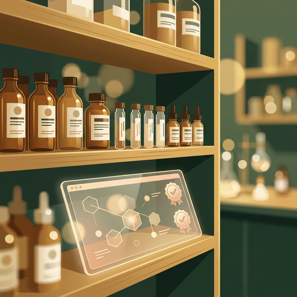 Modern compounding pharmacy partnership concept with professional vials and digital compliance tools for dermatologists