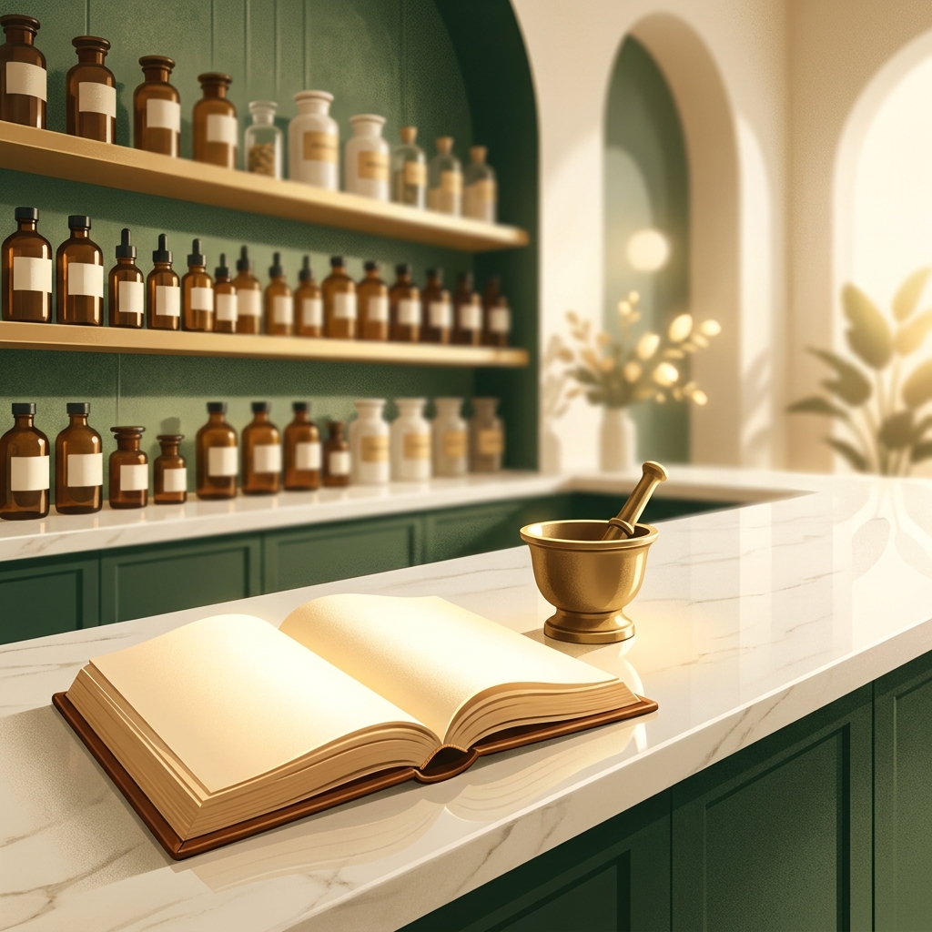 Modern 503A compounding pharmacy setting with regulatory guide and amber prescription bottles in warm professional lighting