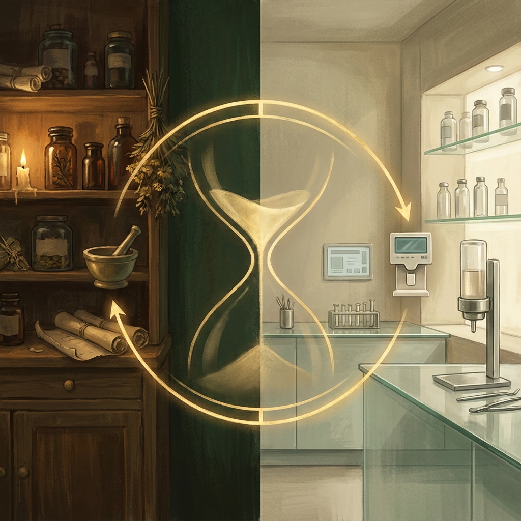 Illustration showing the evolution of the art of compounding pharmacy from ancient apothecary to modern precision medicine