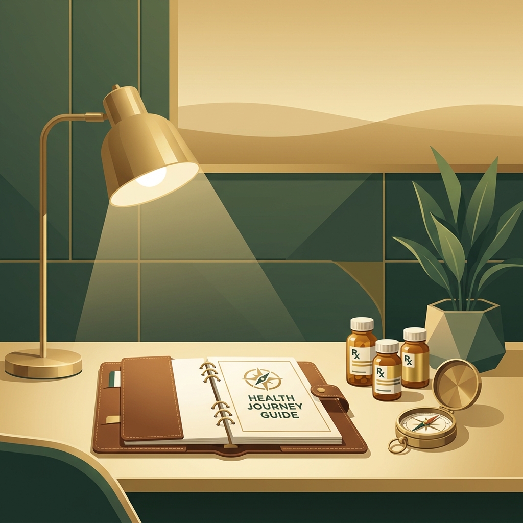 Illustrated pharmacy desk with a roadmap document and prescription bottles, representing compounding discontinued medication guidance.