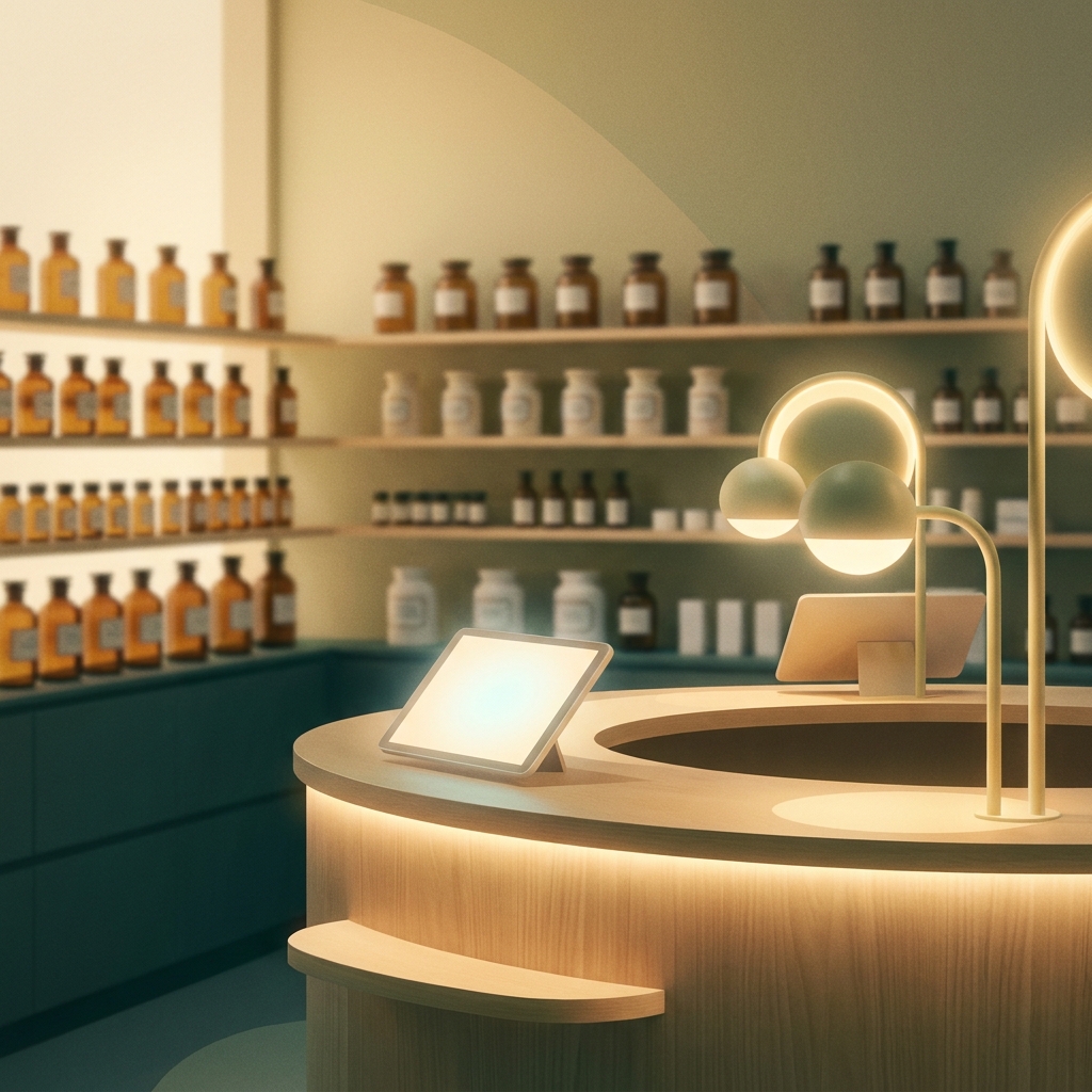 Modern specialty pharmacy service environment with warm golden lighting and personalized care aesthetic