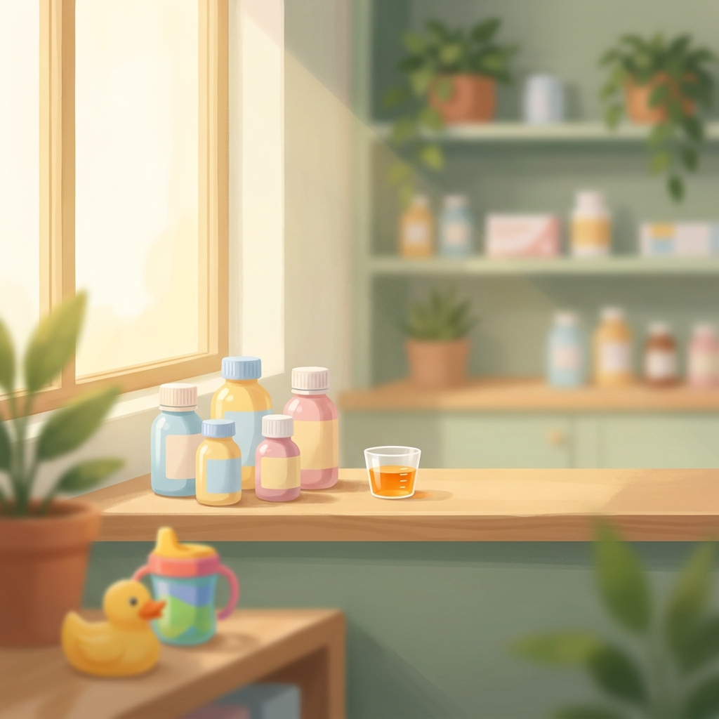 Colorful child-sized medication bottles and flavored liquid suspension representing a pediatric compounding pharmacy.