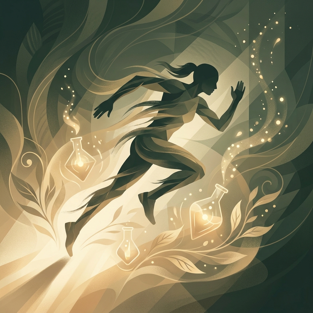 Athlete in motion surrounded by abstract elements representing compounded injury treatment for sports medicine