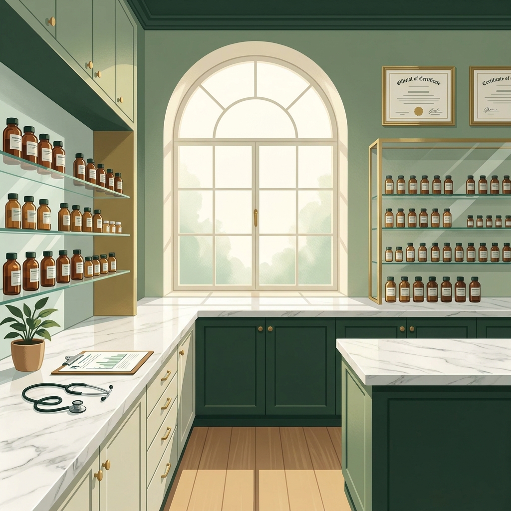 Modern compounding pharmacy interior with certification plaques, amber vials, and clean laboratory shelving — credential comparison guide