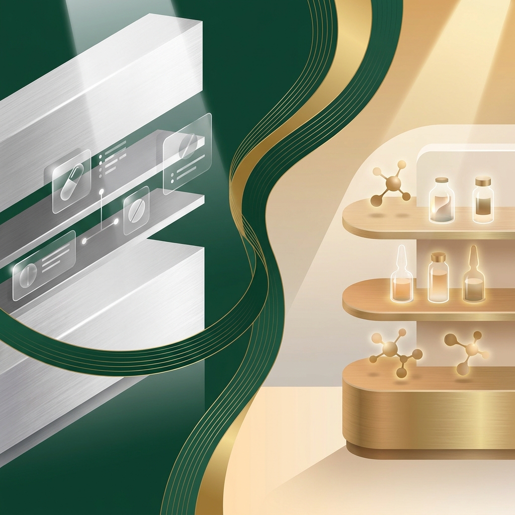 Stylized illustration comparing specialty pharmacy and compounding pharmacy environments in a professional healthcare setting