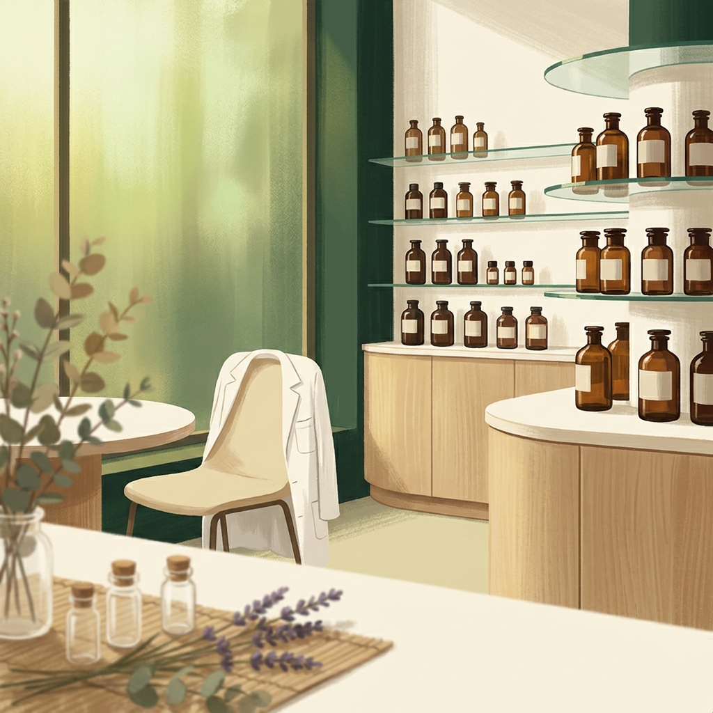 Custom compounding pharmacy medications for cancer patients, amber vials on modern shelving with botanical accents