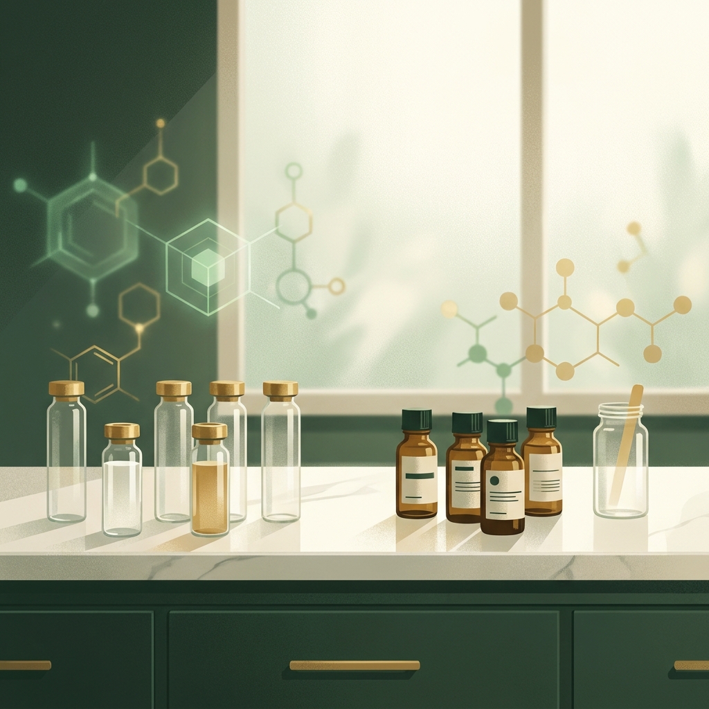 Elegant glass vials and amber bottles representing compounded peptide therapy in a clean, modern pharmacy setting.