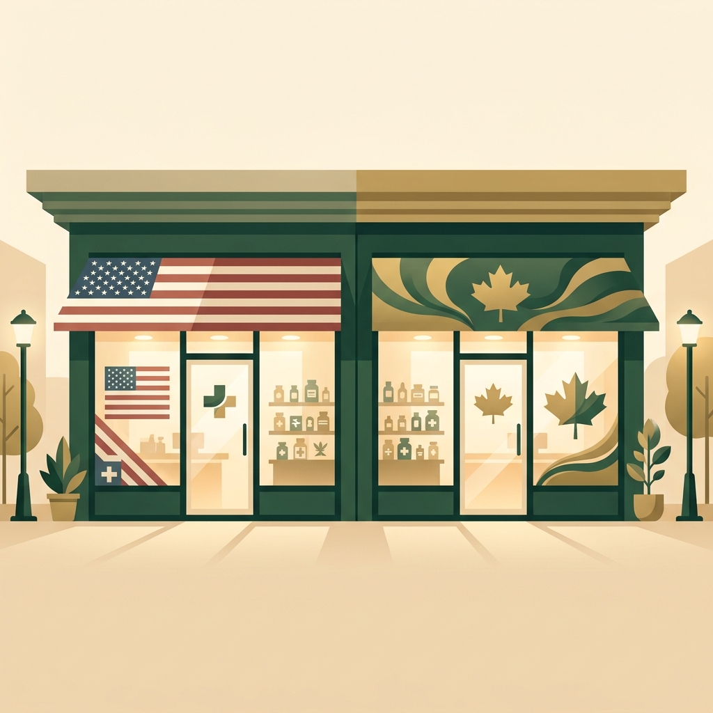 Illustration comparing U.S. and Canadian compounding pharmacy options, representing Medivera compounding pharmacy alternatives