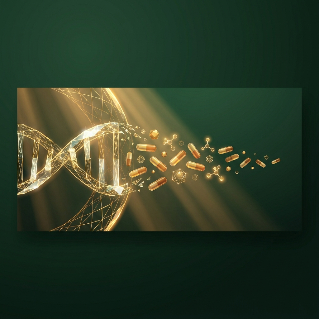 Conceptual illustration representing elite personalized medicine with DNA helix and custom pharmaceutical formulations in gold and green.