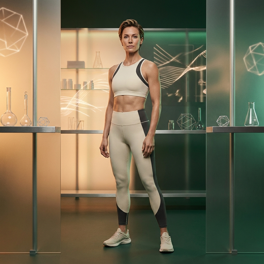 Elite athlete in a modern compounding pharmacy setting representing custom muscle recovery formulations