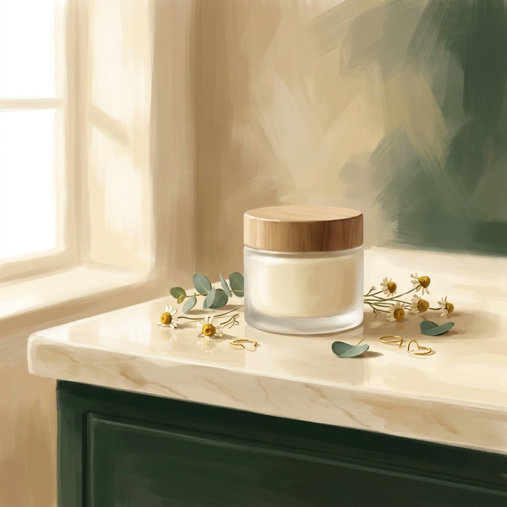 Elegant jar of custom topical cream for skin conditions surrounded by botanicals on a soft green and cream surface