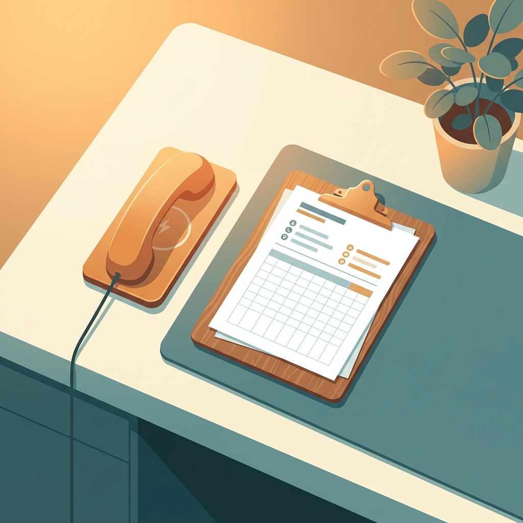 Illustrated pharmacy help desk with phone and organized contact sheets representing Accredo Specialty Pharmacy phone number resources