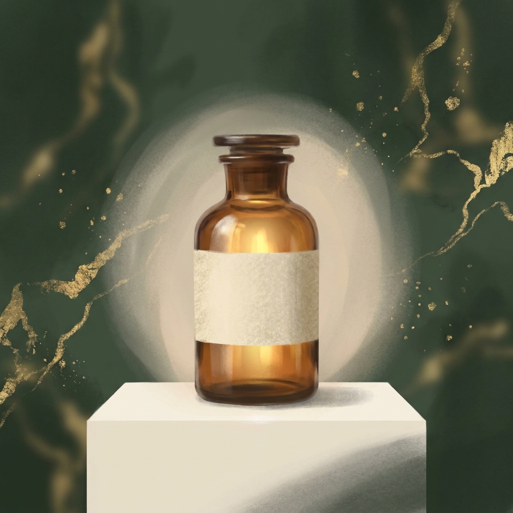 Custom amber prescription bottle representing compound medication for specific dosage strength on a green background