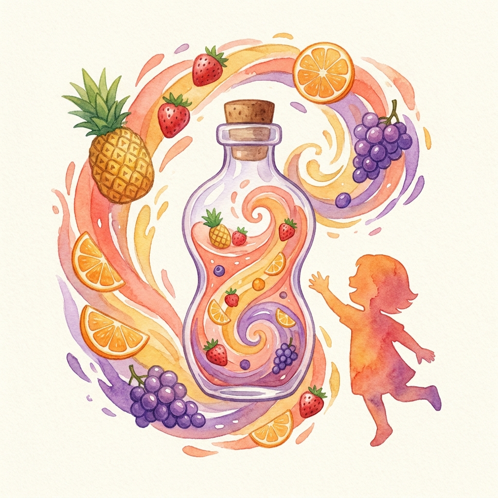 Colorful tutti frutti flavored compounded medication for children surrounded by tropical fruits in a cheerful illustration