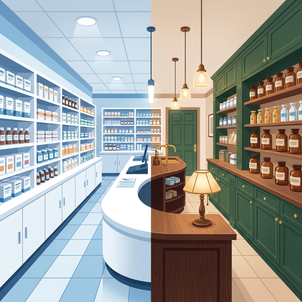 Illustration comparing a large retail specialty pharmacy CVS setting with a personalized PCAB-accredited compounding pharmacy environment.
