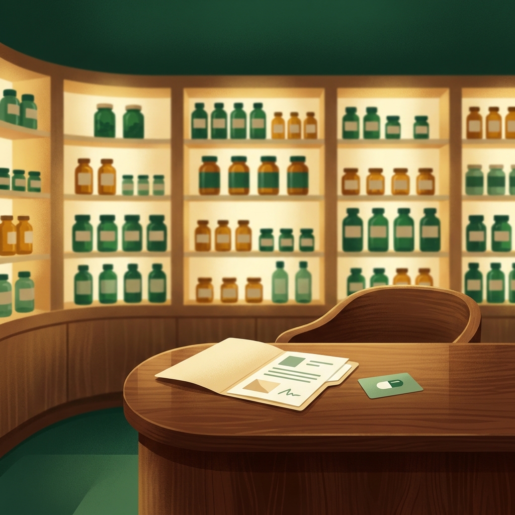Warmly lit specialty pharmacy consultation desk with prescription folder and medicine bottles, illustrating what is specialty pharmacy.