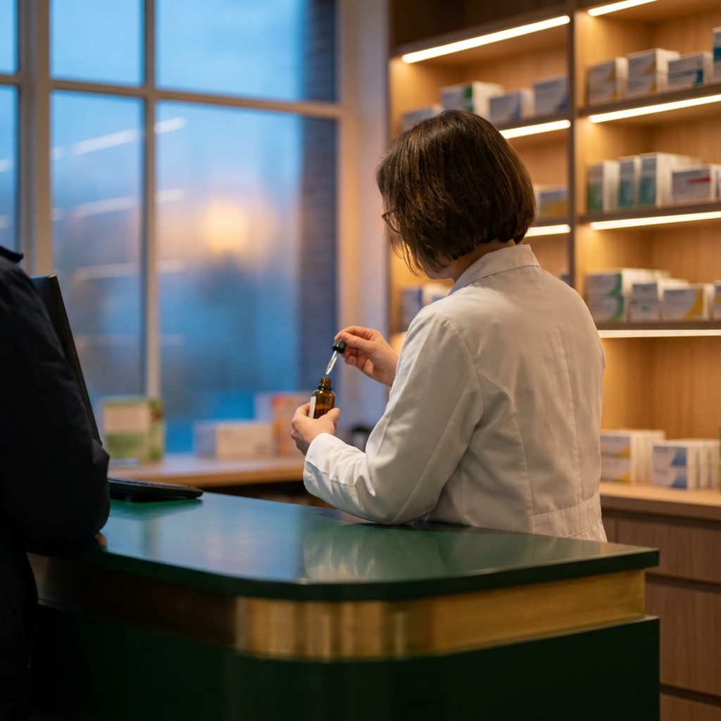 Pharmacist preparing a melatonin compounding pharmacy custom dose in a calm, modern setting
