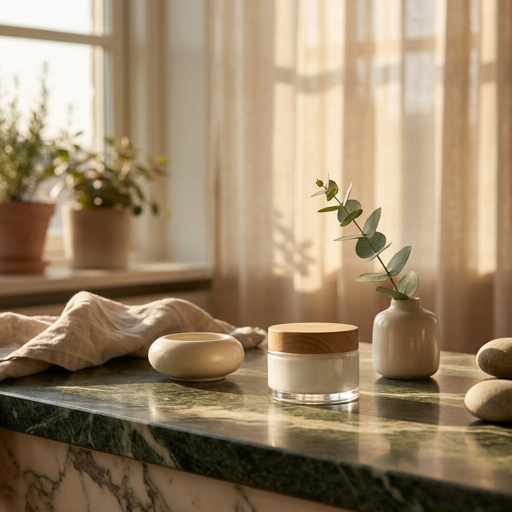 Elegant jar representing compounded anti-aging skin cream on a serene skincare vanity